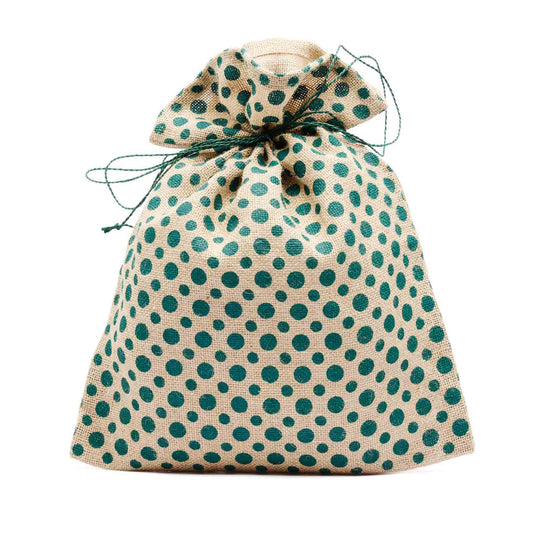 Sacchetto in juta naturale con decorazione a pois, realizzato a mano da CORR in Bangladesh – packaging equosolidale