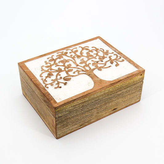 Elegante scatola portaioie con albero della vita in legno di mango