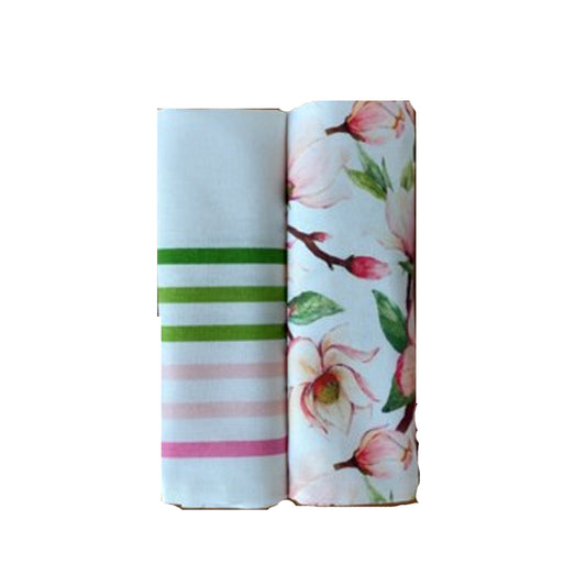 coppia di asciugapiatti cotone Fair Gift con fantasia fiori e righe ricamate – set da due