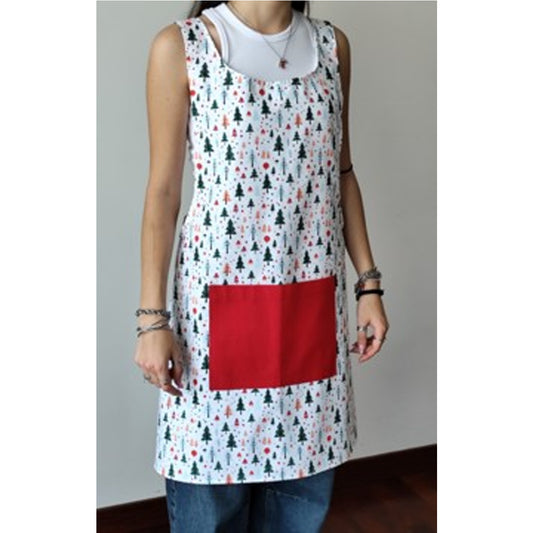 grembiule Japan in cotone con stampa natalizia di alberi stilizzati e tasca rossa – vista frontale