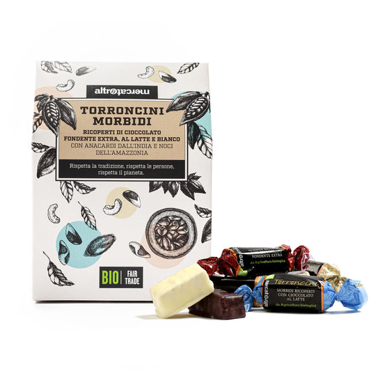 TORRONCINI MORBIDI RICOPERTI CON CIOCCOLATO AL LATTE, FONDENTE E BIANCO - BIO | COD. 327 | 180 g